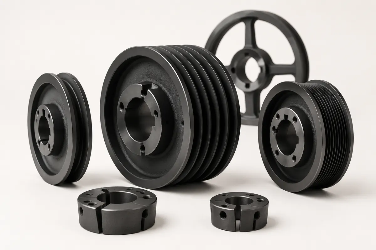 Illustration of taper-bush V-belt pulleys and taper bushes